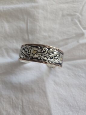 Montana Silversmiths Engraved Floral Metal Cuff Bracelet in Silver & Gold Tones